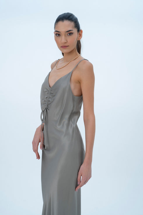 GREEN SHIRRED DETAIL DRESS - Barrus London
